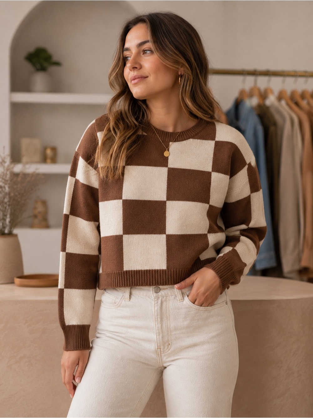 SixFifty brown checkered sweater nwt small